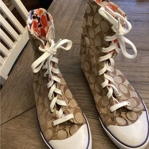 Coach Tan Canvas High-Top Sneakers with Fold Over Design.  Size 9